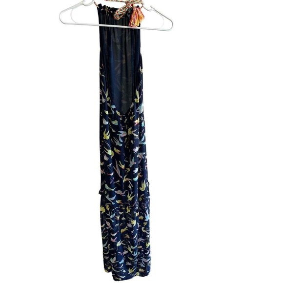 Chelsea & Violet Navy Backless Halter Maxi Dress Bird Print Draw String Closure - Picture 3 of 9